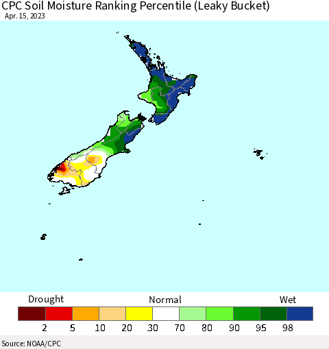 New Zealand CPC Soil Moisture Ranking Percentile (Leaky Bucket) Thematic Map For 4/11/2023 - 4/15/2023