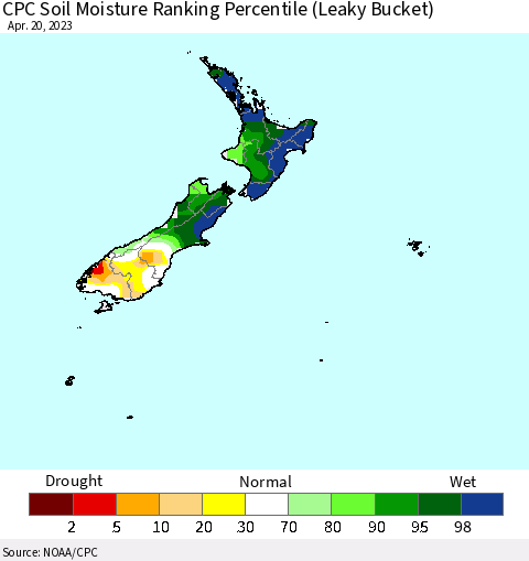 New Zealand CPC Soil Moisture Ranking Percentile (Leaky Bucket) Thematic Map For 4/16/2023 - 4/20/2023