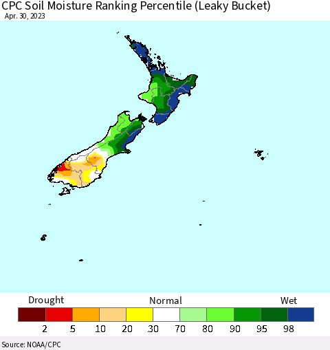 New Zealand CPC Soil Moisture Ranking Percentile (Leaky Bucket) Thematic Map For 4/26/2023 - 4/30/2023