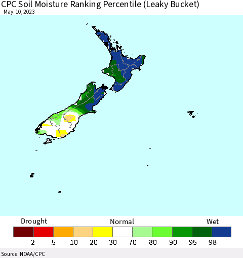 New Zealand CPC Soil Moisture Ranking Percentile (Leaky Bucket) Thematic Map For 5/6/2023 - 5/10/2023