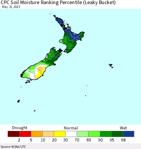 New Zealand CPC Soil Moisture Ranking Percentile (Leaky Bucket) Thematic Map For 5/26/2023 - 5/31/2023