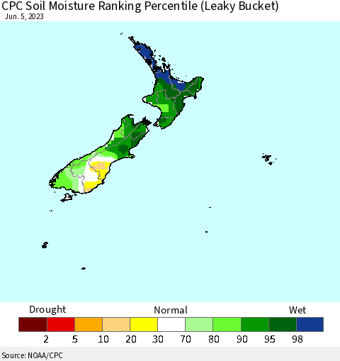 New Zealand CPC Soil Moisture Ranking Percentile (Leaky Bucket) Thematic Map For 6/1/2023 - 6/5/2023