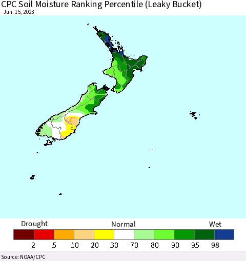 New Zealand CPC Soil Moisture Ranking Percentile (Leaky Bucket) Thematic Map For 6/11/2023 - 6/15/2023