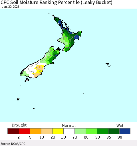 New Zealand CPC Soil Moisture Ranking Percentile (Leaky Bucket) Thematic Map For 6/16/2023 - 6/20/2023