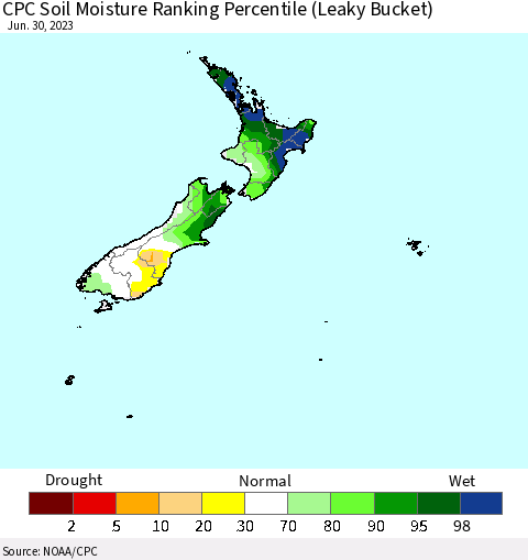 New Zealand CPC Soil Moisture Ranking Percentile (Leaky Bucket) Thematic Map For 6/26/2023 - 6/30/2023
