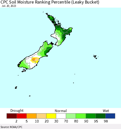 New Zealand CPC Soil Moisture Ranking Percentile (Leaky Bucket) Thematic Map For 7/16/2023 - 7/20/2023
