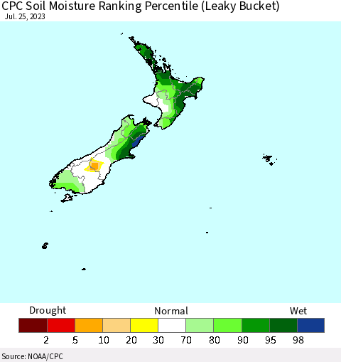 New Zealand CPC Soil Moisture Ranking Percentile (Leaky Bucket) Thematic Map For 7/21/2023 - 7/25/2023