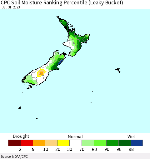 New Zealand CPC Soil Moisture Ranking Percentile (Leaky Bucket) Thematic Map For 7/26/2023 - 7/31/2023