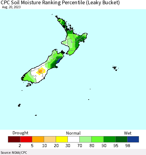 New Zealand CPC Soil Moisture Ranking Percentile (Leaky Bucket) Thematic Map For 8/16/2023 - 8/20/2023