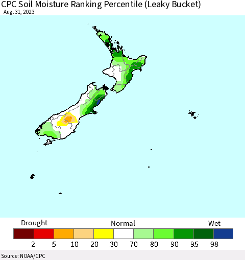 New Zealand CPC Soil Moisture Ranking Percentile (Leaky Bucket) Thematic Map For 8/26/2023 - 8/31/2023