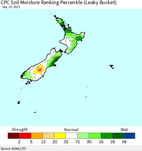 New Zealand CPC Soil Moisture Ranking Percentile (Leaky Bucket) Thematic Map For 9/6/2023 - 9/10/2023