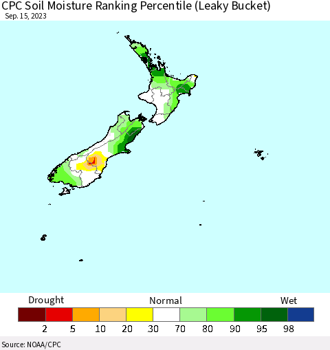 New Zealand CPC Soil Moisture Ranking Percentile (Leaky Bucket) Thematic Map For 9/11/2023 - 9/15/2023