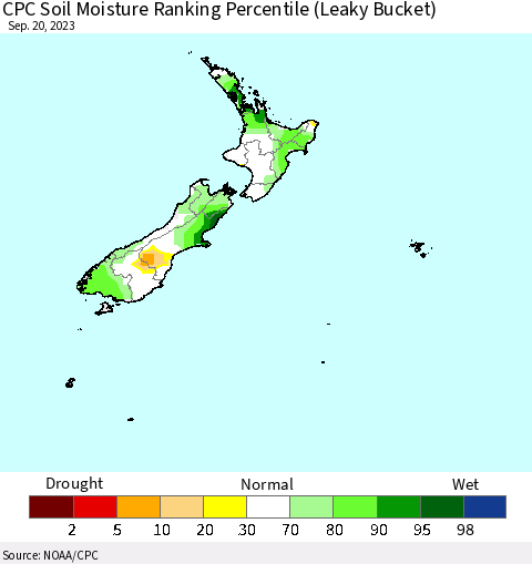 New Zealand CPC Soil Moisture Ranking Percentile (Leaky Bucket) Thematic Map For 9/16/2023 - 9/20/2023
