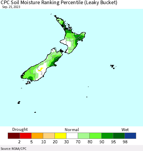 New Zealand CPC Soil Moisture Ranking Percentile (Leaky Bucket) Thematic Map For 9/21/2023 - 9/25/2023