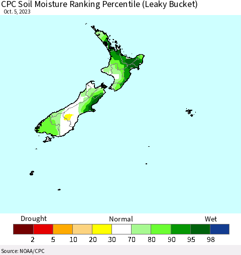 New Zealand CPC Soil Moisture Ranking Percentile (Leaky Bucket) Thematic Map For 10/1/2023 - 10/5/2023