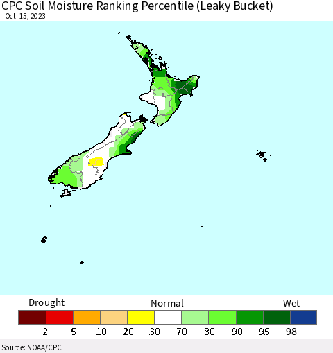 New Zealand CPC Soil Moisture Ranking Percentile (Leaky Bucket) Thematic Map For 10/11/2023 - 10/15/2023