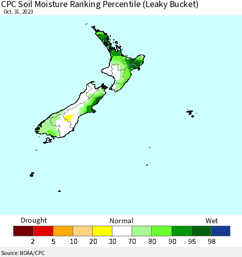 New Zealand CPC Soil Moisture Ranking Percentile (Leaky Bucket) Thematic Map For 10/26/2023 - 10/31/2023