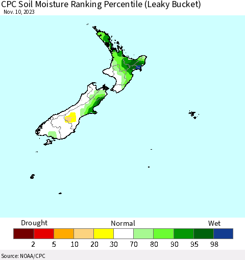 New Zealand CPC Soil Moisture Ranking Percentile (Leaky Bucket) Thematic Map For 11/6/2023 - 11/10/2023