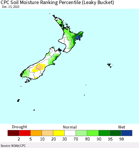 New Zealand CPC Soil Moisture Ranking Percentile (Leaky Bucket) Thematic Map For 12/11/2023 - 12/15/2023