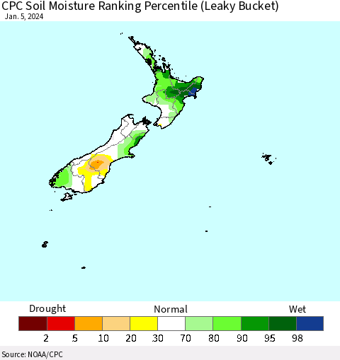 New Zealand CPC Soil Moisture Ranking Percentile (Leaky Bucket) Thematic Map For 1/1/2024 - 1/5/2024