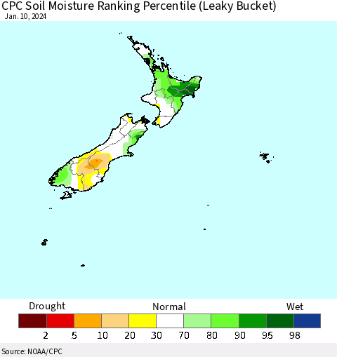 New Zealand CPC Soil Moisture Ranking Percentile (Leaky Bucket) Thematic Map For 1/6/2024 - 1/10/2024