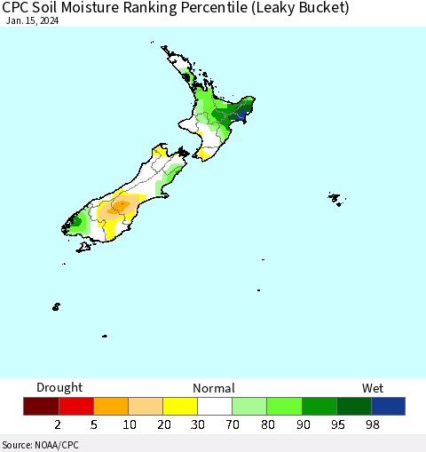 New Zealand CPC Soil Moisture Ranking Percentile (Leaky Bucket) Thematic Map For 1/11/2024 - 1/15/2024
