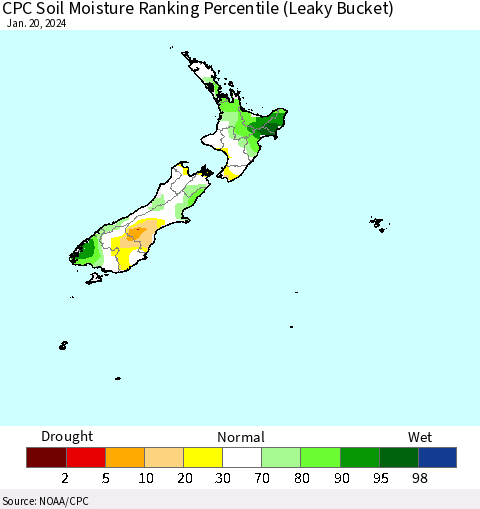 New Zealand CPC Soil Moisture Ranking Percentile (Leaky Bucket) Thematic Map For 1/16/2024 - 1/20/2024