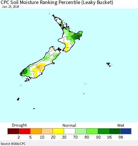 New Zealand CPC Soil Moisture Ranking Percentile (Leaky Bucket) Thematic Map For 1/21/2024 - 1/25/2024