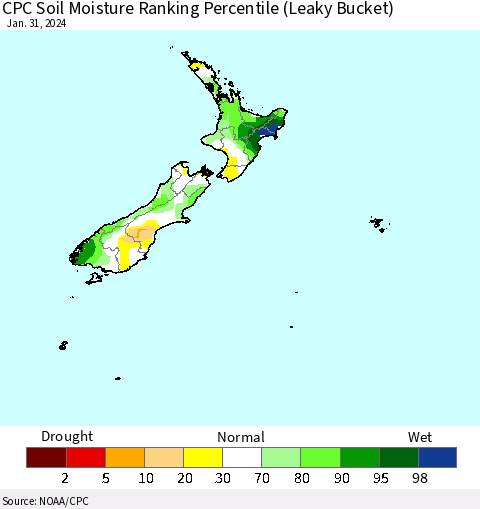 New Zealand CPC Soil Moisture Ranking Percentile (Leaky Bucket) Thematic Map For 1/26/2024 - 1/31/2024