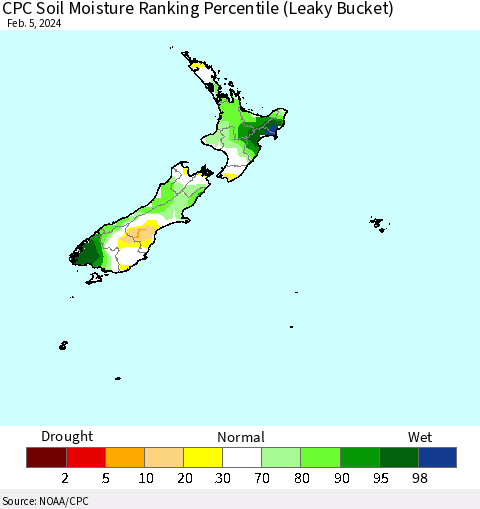 New Zealand CPC Soil Moisture Ranking Percentile (Leaky Bucket) Thematic Map For 2/1/2024 - 2/5/2024