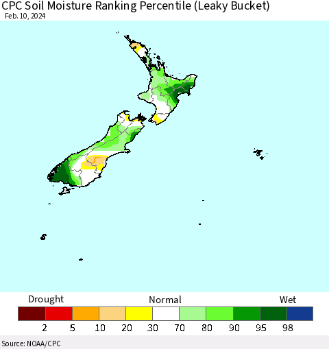 New Zealand CPC Soil Moisture Ranking Percentile (Leaky Bucket) Thematic Map For 2/6/2024 - 2/10/2024