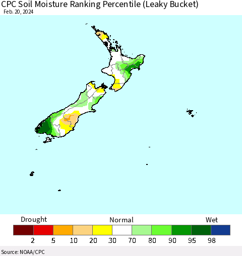New Zealand CPC Soil Moisture Ranking Percentile (Leaky Bucket) Thematic Map For 2/16/2024 - 2/20/2024