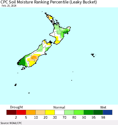 New Zealand CPC Soil Moisture Ranking Percentile (Leaky Bucket) Thematic Map For 2/21/2024 - 2/25/2024