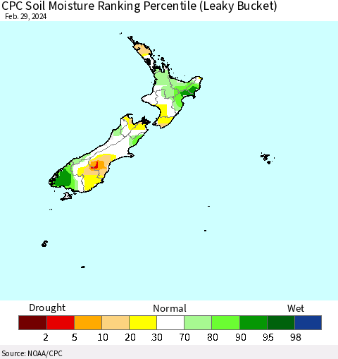 New Zealand CPC Soil Moisture Ranking Percentile (Leaky Bucket) Thematic Map For 2/26/2024 - 2/29/2024