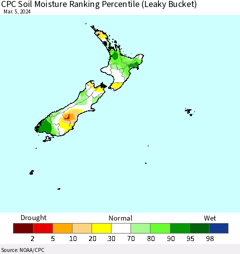 New Zealand CPC Soil Moisture Ranking Percentile (Leaky Bucket) Thematic Map For 3/1/2024 - 3/5/2024