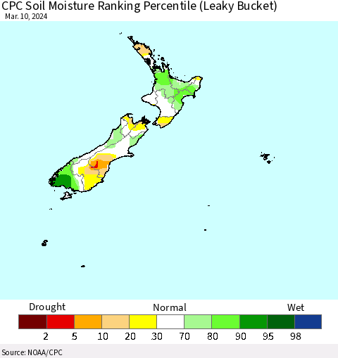 New Zealand CPC Soil Moisture Ranking Percentile (Leaky Bucket) Thematic Map For 3/6/2024 - 3/10/2024
