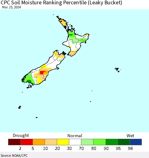 New Zealand CPC Soil Moisture Ranking Percentile (Leaky Bucket) Thematic Map For 3/21/2024 - 3/25/2024