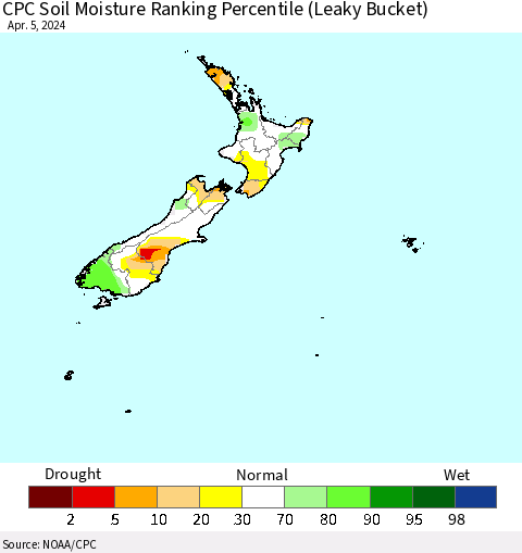 New Zealand CPC Soil Moisture Ranking Percentile (Leaky Bucket) Thematic Map For 4/1/2024 - 4/5/2024