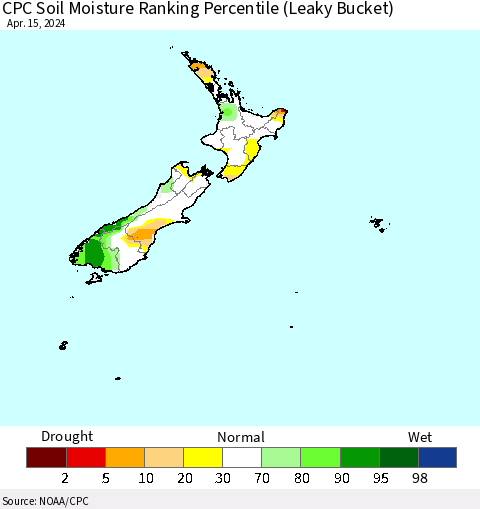 New Zealand CPC Soil Moisture Ranking Percentile (Leaky Bucket) Thematic Map For 4/11/2024 - 4/15/2024