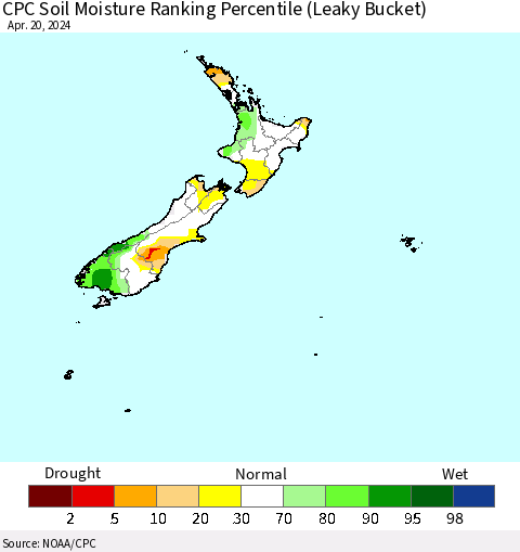 New Zealand CPC Soil Moisture Ranking Percentile (Leaky Bucket) Thematic Map For 4/16/2024 - 4/20/2024