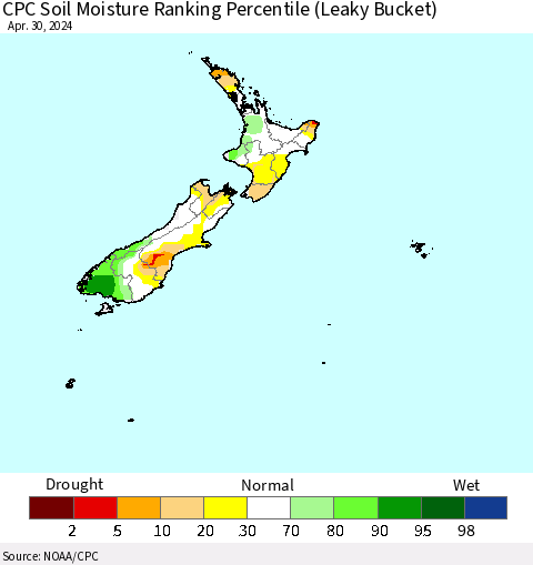 New Zealand CPC Soil Moisture Ranking Percentile (Leaky Bucket) Thematic Map For 4/26/2024 - 4/30/2024
