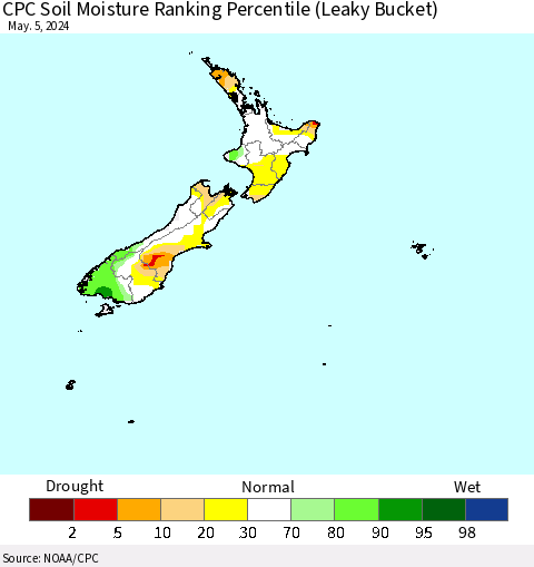 New Zealand CPC Soil Moisture Ranking Percentile (Leaky Bucket) Thematic Map For 5/1/2024 - 5/5/2024