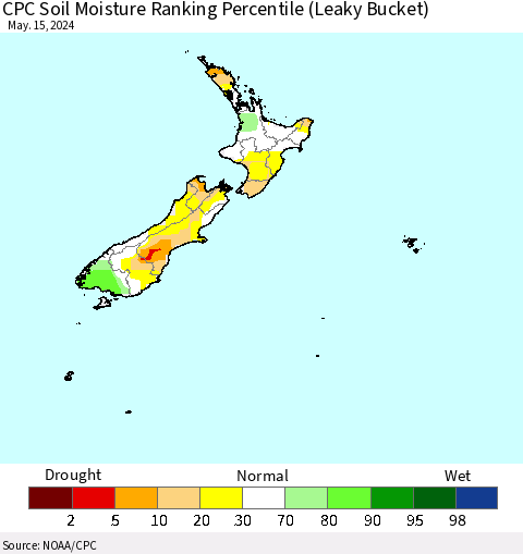 New Zealand CPC Soil Moisture Ranking Percentile (Leaky Bucket) Thematic Map For 5/11/2024 - 5/15/2024