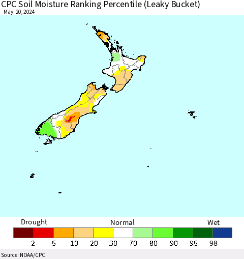 New Zealand CPC Soil Moisture Ranking Percentile (Leaky Bucket) Thematic Map For 5/16/2024 - 5/20/2024