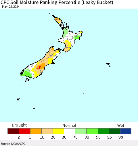 New Zealand CPC Soil Moisture Ranking Percentile (Leaky Bucket) Thematic Map For 5/21/2024 - 5/25/2024