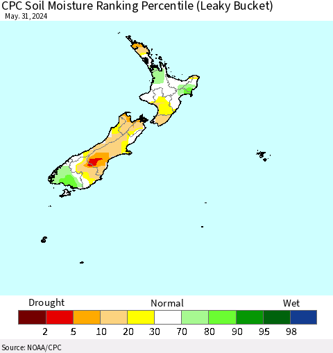 New Zealand CPC Soil Moisture Ranking Percentile (Leaky Bucket) Thematic Map For 5/26/2024 - 5/31/2024