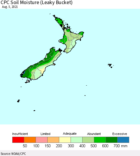 New Zealand CPC Soil Moisture (Leaky Bucket) Thematic Map For 8/1/2021 - 8/5/2021