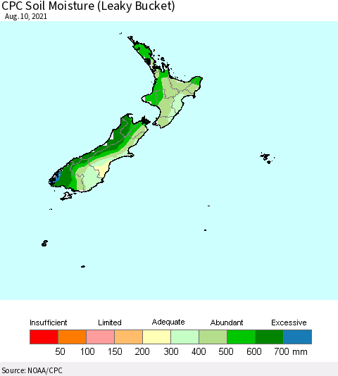 New Zealand CPC Soil Moisture (Leaky Bucket) Thematic Map For 8/6/2021 - 8/10/2021