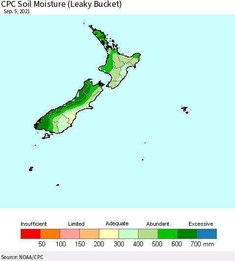 New Zealand CPC Soil Moisture (Leaky Bucket) Thematic Map For 9/1/2021 - 9/5/2021