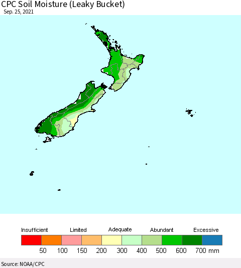New Zealand CPC Soil Moisture (Leaky Bucket) Thematic Map For 9/21/2021 - 9/25/2021